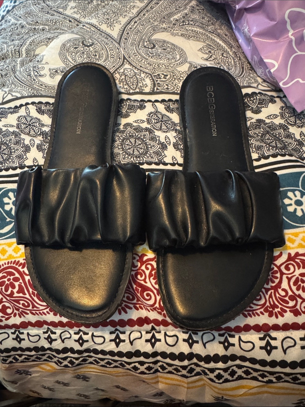 BCBGeneration Black Ruched Slide Sandals